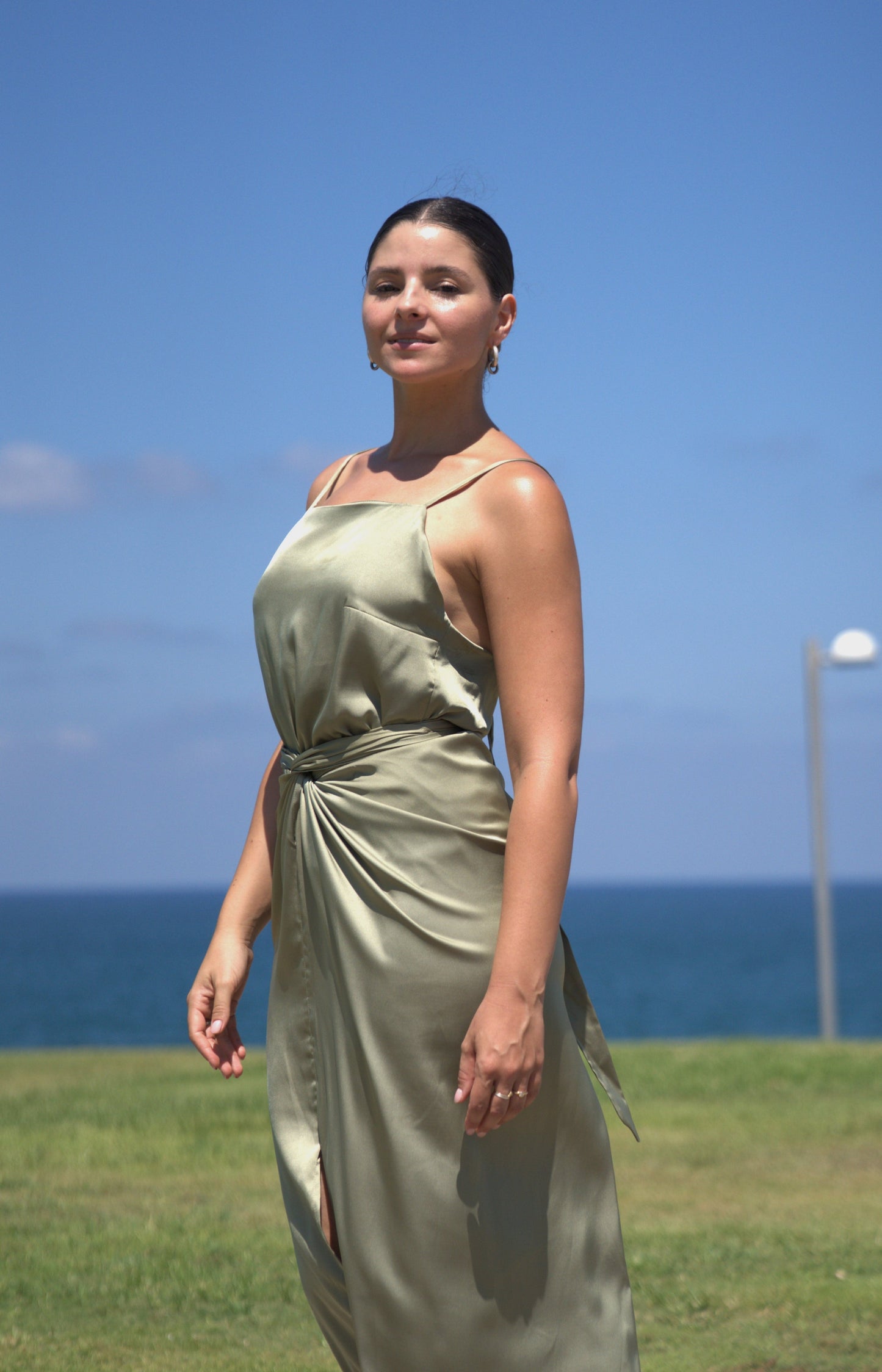LILA TOP GREEN SILKY SATIN